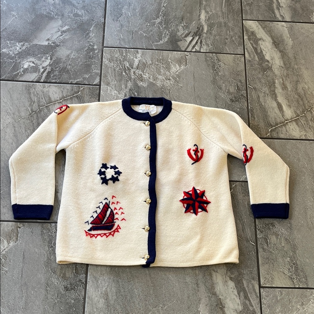 ⚓️ Cyn Les Vintage 60s 100% Wool Cardigan Sweater Nautical Boat Size S/M